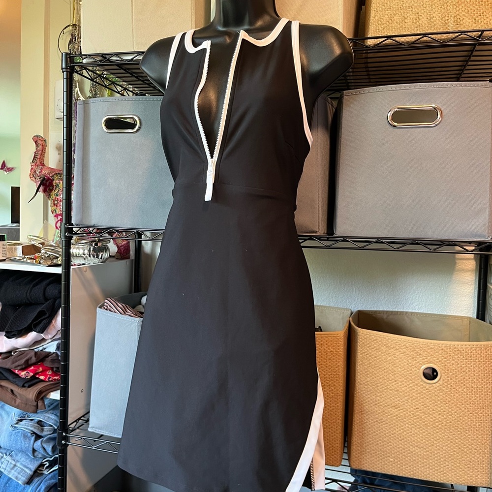 Black Mini Dress with White Trim and Front Zip